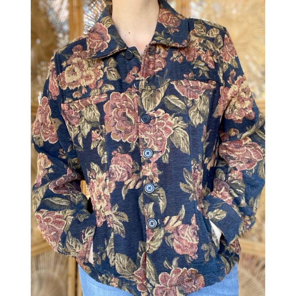 Vintage Erika Navy Blue & Pink Floral Tapestry Style Jacket M